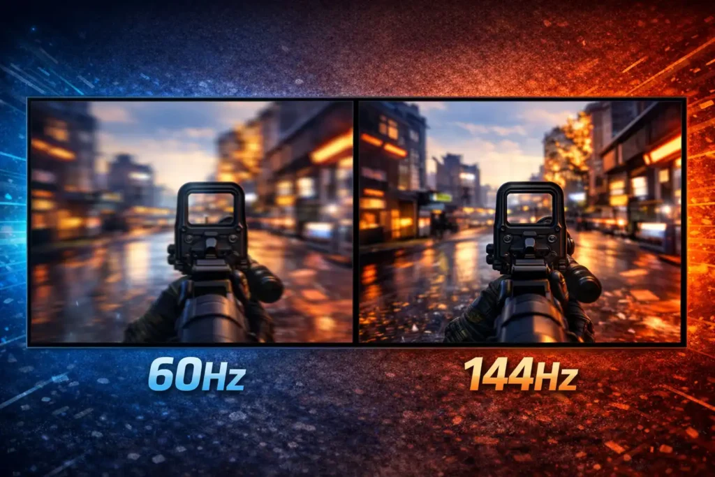 60Hz vs 144Hz gaming comparison showing motion blur vs smooth gameplay