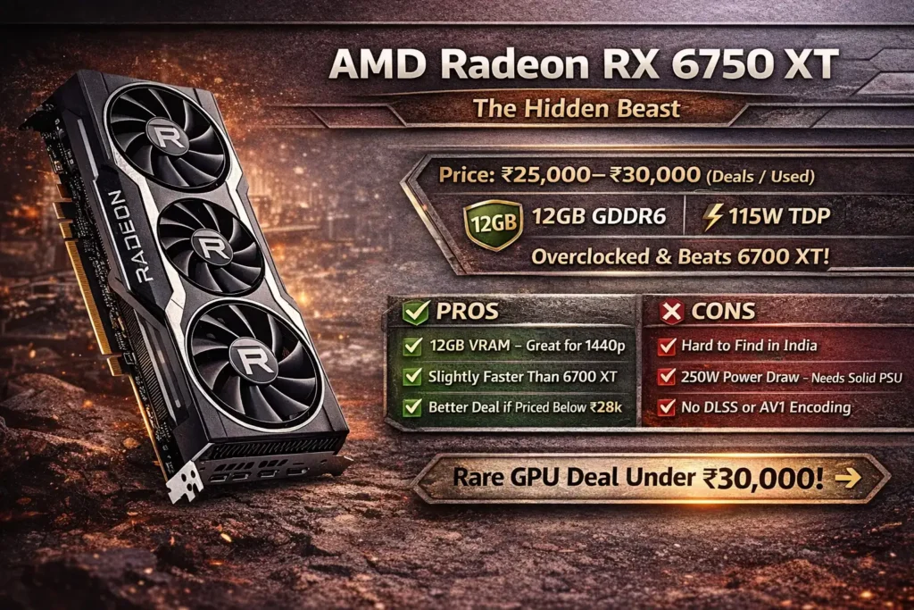 AMD Radeon RX 6750 XT best GPU under 30000 in India 12GB VRAM 1440p gaming performance
