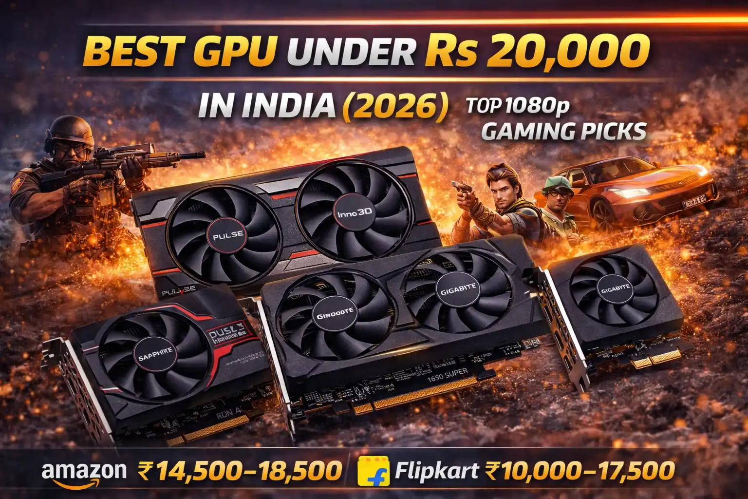 best graphics card under 20000 India 2026, budget GPU India 1080p gaming