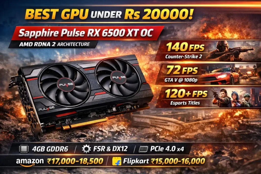 best gpu under Rs20000 Sapphire Pulse RX 6500 XT OC best GPU under 20000 in India for 1080p gaming (2026)
