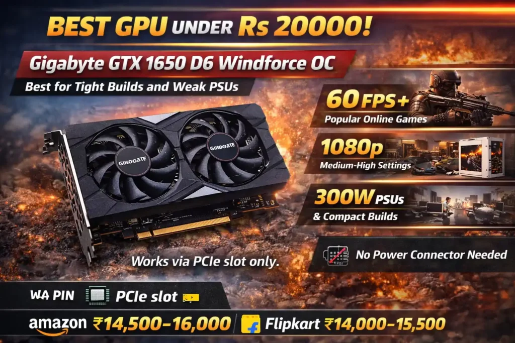 Gigabyte GTX 1650 D6 best GPU under 20000 in India no power connector required 1080p gaming (2026), best GPU for low power PSU gaming PC India