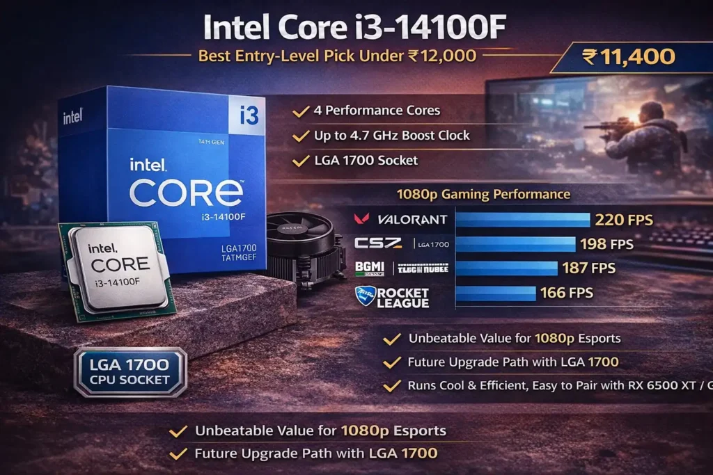 Intel Core i3-14100F best CPU under ₹12000 in India for budget gaming 1080p esports performance
