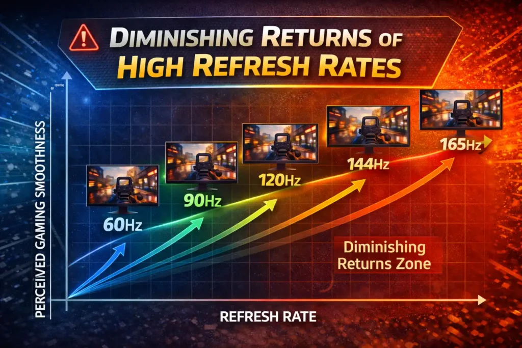 diminishing returns of monitor refresh rate 60Hz vs 144Hz vs 165Hz chart