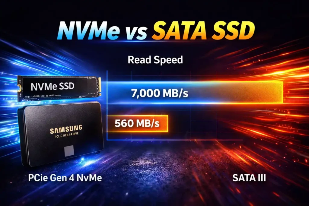 NVMe vs SATA SSD speed comparison 7000 MB/s vs 560 MB/s performance difference