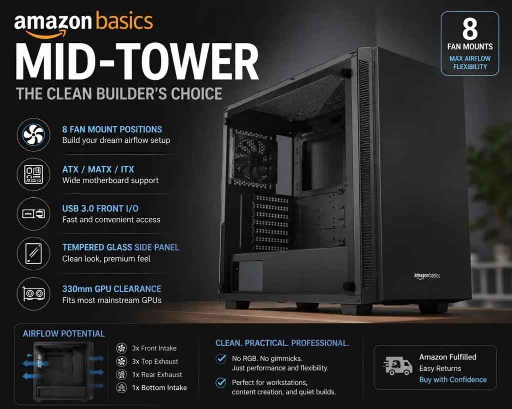 Amazon Basics Mid-Tower PC cabinet with tempered glass panel and airflow-focused design for ATX and mATX gaming or workstation builds