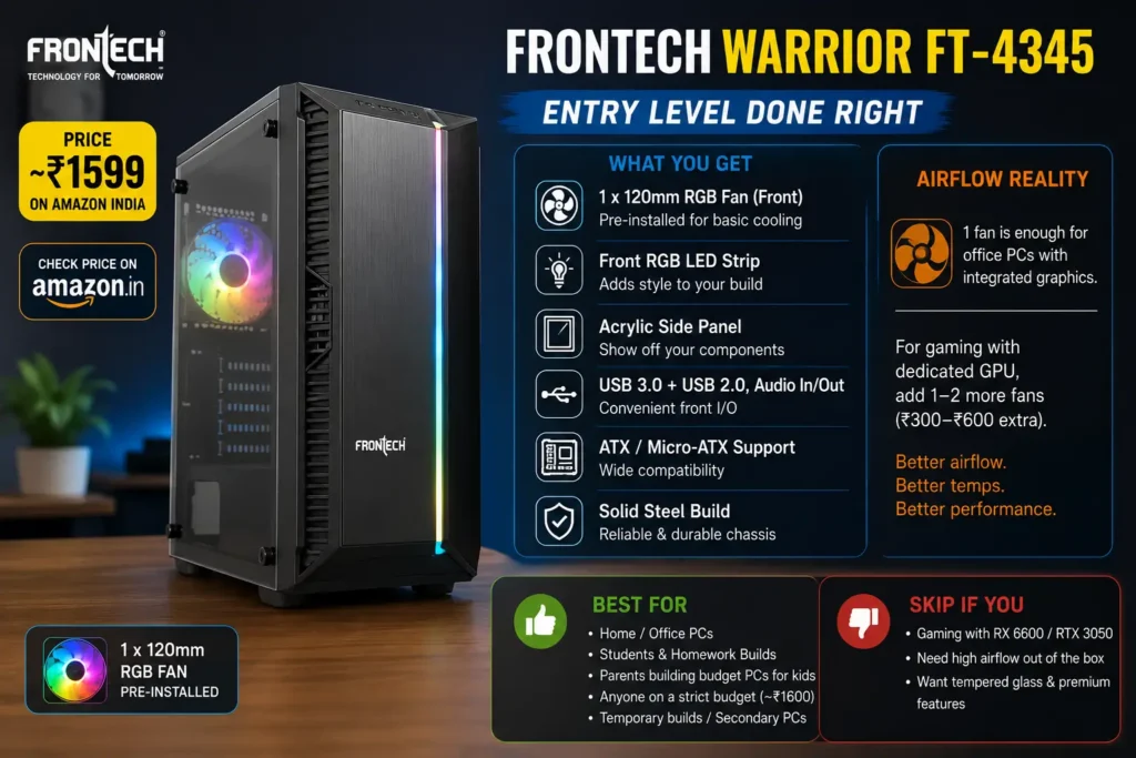 Frontech Warrior FT-4345 budget PC cabinet with RGB fan, acrylic side panel, and ATX support for entry-level office and home PC builds in India.