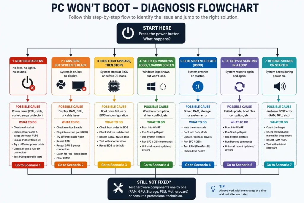 PC Won't Boot? — Step-by-Step Fix Guide (2026) 1 PC won't boot diagnosis flowchart with troubleshooting steps for no power, no display, BIOS errors, Windows boot problems, BSOD, and restart loops.