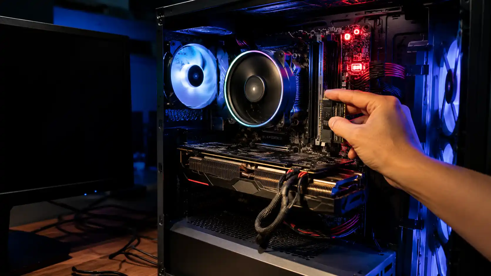 Gaming PC with black screen and spinning fans while a user troubleshoots a PC that won't boot.