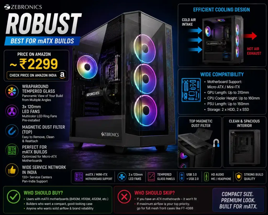 Zebronics Robust mATX gaming cabinet with wraparound tempered glass, RGB fans, and compact airflow design under ₹2500
