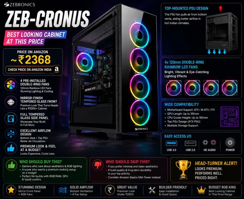 Zebronics Zeb-Cronus gaming cabinet with mirror finish tempered glass front panel and 4 RGB rainbow fans under ₹2500 in India