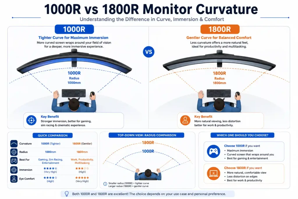 1000R vs 1800R monitor curvature comparison infographic showing radius differences and viewing distance