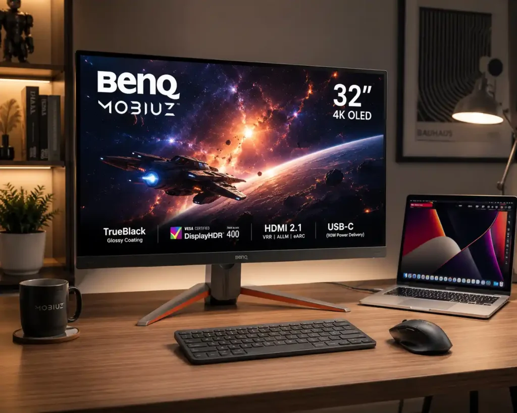 BenQ MOBIUZ EX321UZ 32-inch 4K OLED monitor with laptop connected via USB-C in a premium workspace