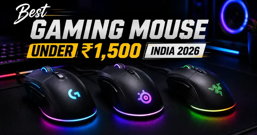 Three best gaming Mouse under ₹1,500 in India 2026 with RGB lighting on a black gaming desk. best gaming mouse under 1500
