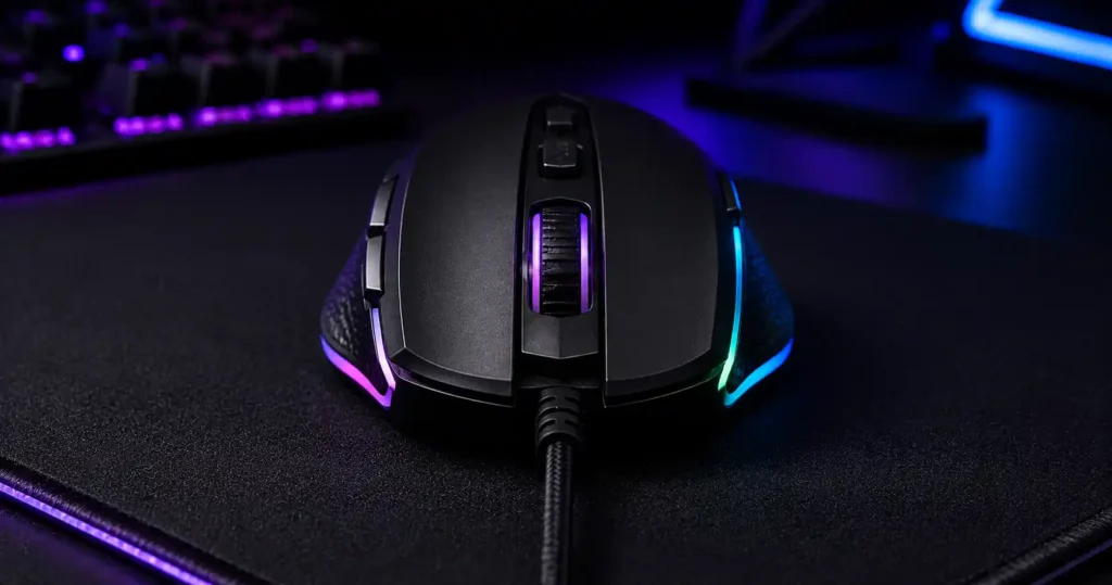 Black ergonomic wired gaming mouse with RGB lighting and braided cable on a dark gaming mousepad