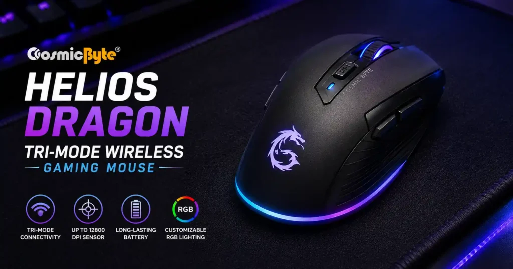 Cosmic Byte Helios Dragon Black tri-mode wireless gaming mouse with RGB lighting on a dark gaming mousepad