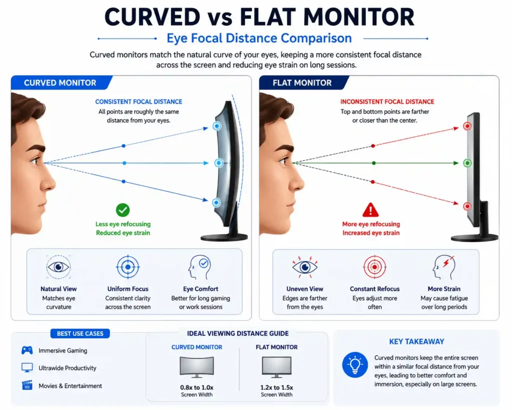 Infographic comparing eye focal distance and eye strain on curved versus flat monitors
