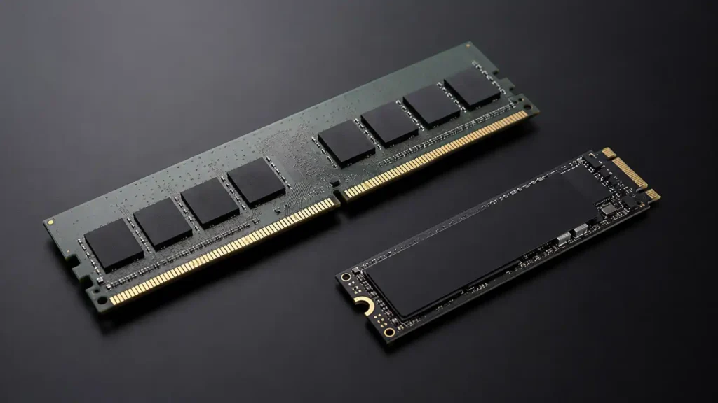 DDR4 RAM stick and M.2 NVMe SSD placed side by side on a dark matte surface, highlighting common PC upgrade components.