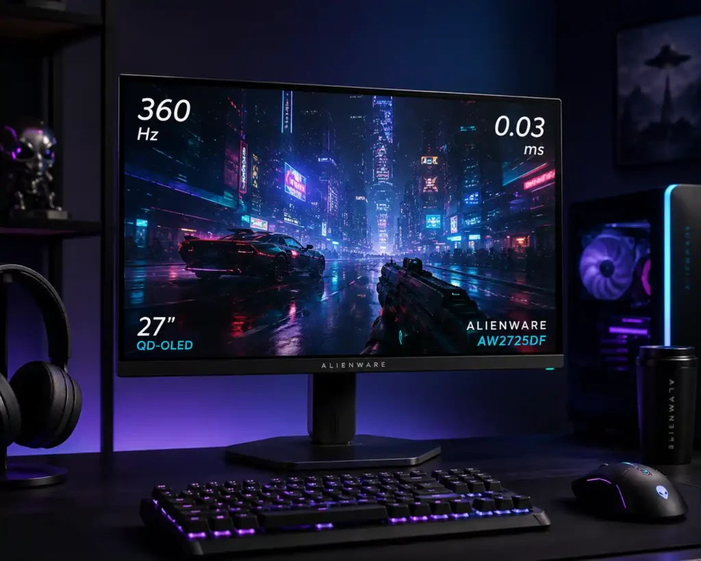Dell Alienware AW2725DF 27-inch QD-OLED gaming monitor with 360Hz refresh rate and RGB gaming setup