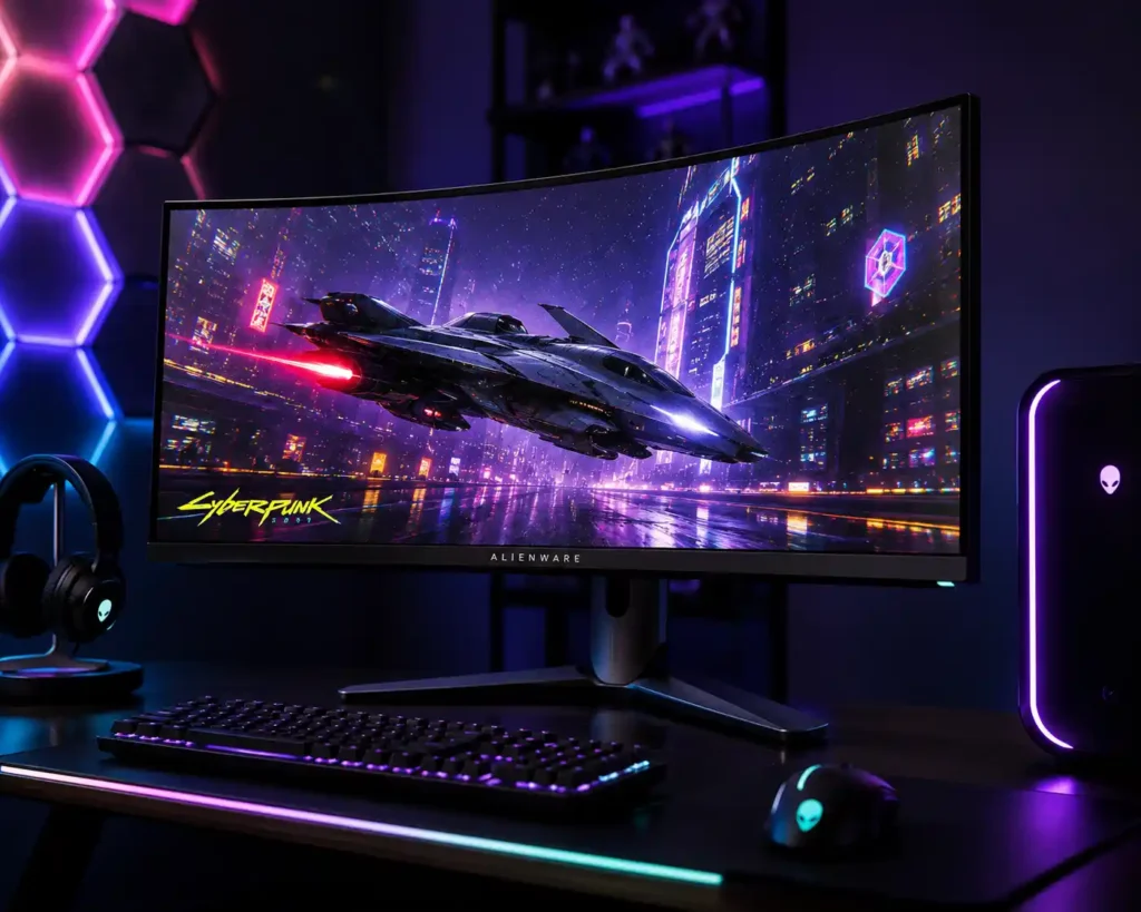 Dell Alienware AW3423DWF curved ultrawide QD-OLED gaming monitor with RGB gaming setup and immersive display