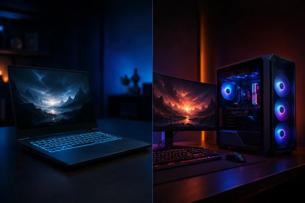 Gaming laptop vs gaming desktop comparison in India showing a gaming laptop and RGB gaming PC setup