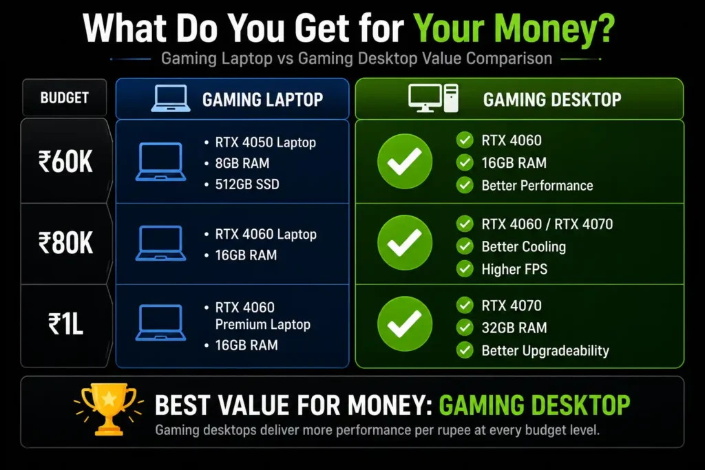 Gaming laptop vs gaming desktop price comparison in India showing hardware and value differences at ₹60K, ₹80K and ₹1 lakh budgets