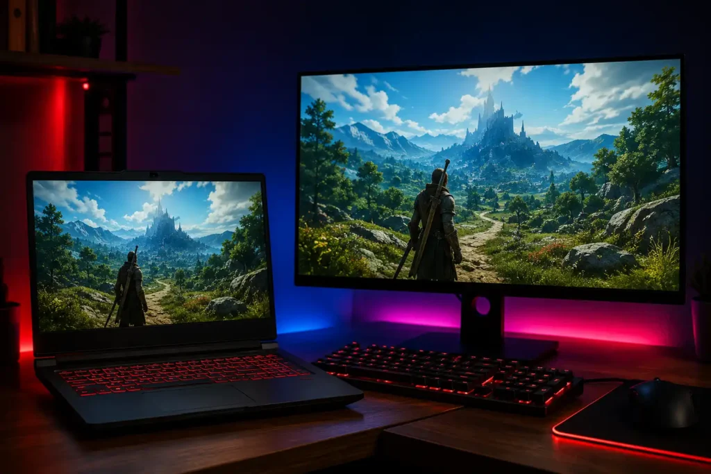 Gaming laptop screen compared to a 27 inch gaming monitor showing the same game with more screen space and immersive viewing experience