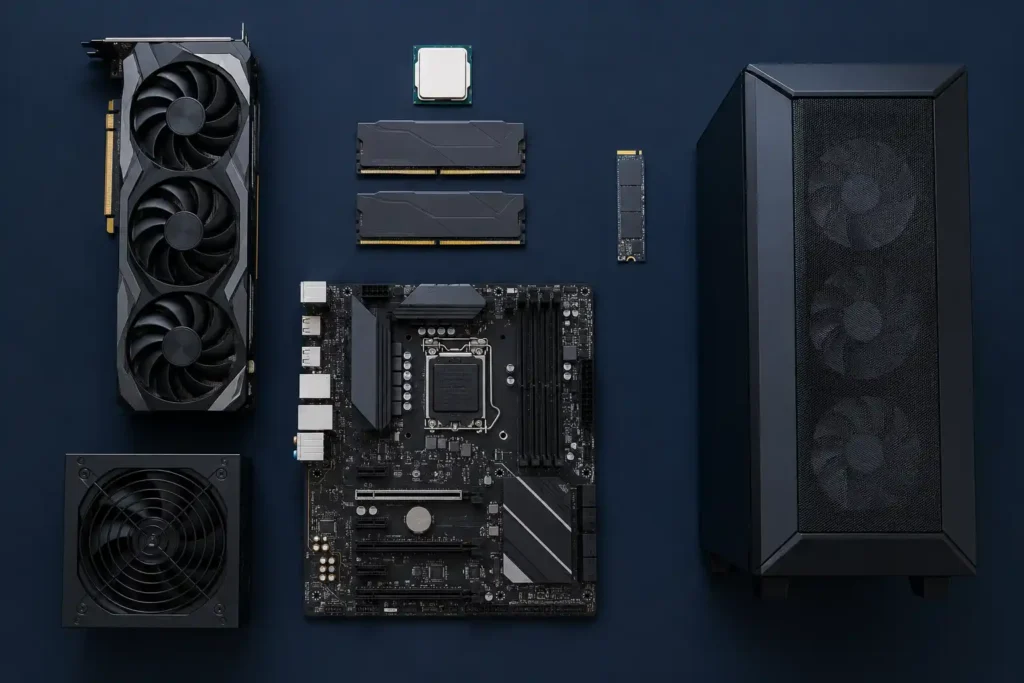 Gaming PC components including graphics card, CPU, motherboard, RAM, NVMe SSD, power supply, and PC cabinet arranged on a dark blue background.