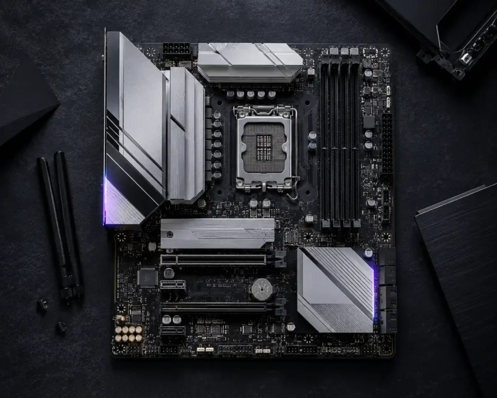 Professional flat lay of a Micro-ATX DDR5 gaming motherboard with WiFi antennas, PCIe slots, silver heatsinks, and RGB accents on a dark textured background.