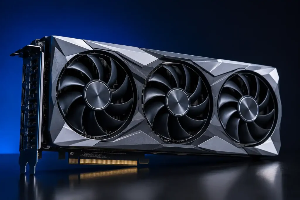 Best Gaming PC Build Under 1 Lakh in India 2026 Close-up of a modern triple-fan gaming graphics card with a black and silver cooling design on a matte black reflective surface under blue studio lighting.
