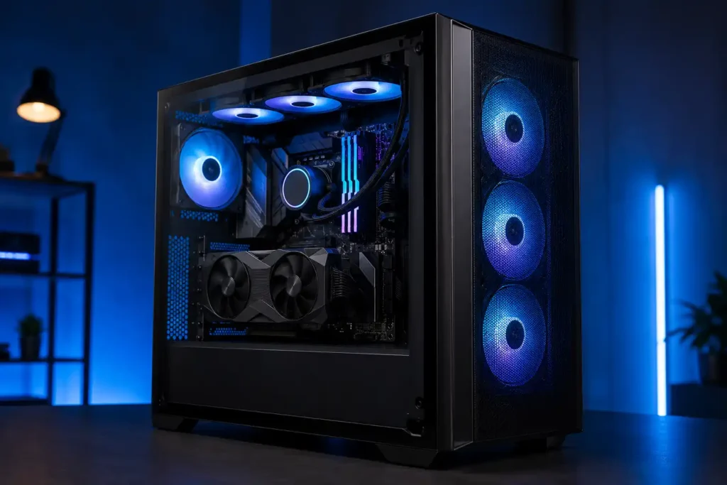 Modern airflow gaming PC cabinet with tempered glass side panel, mesh front panel, and RGB cooling fans under blue studio lighting.