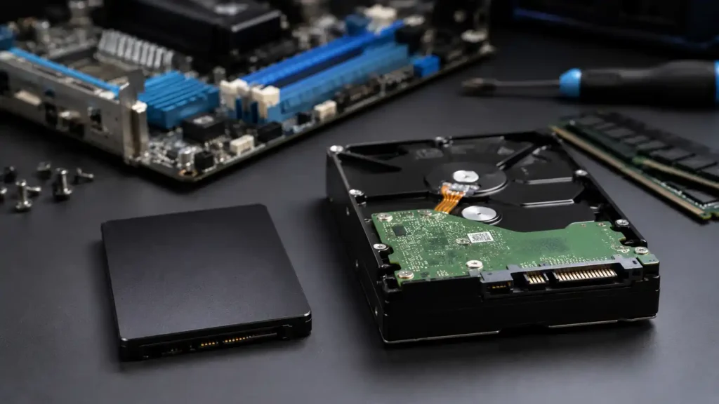 Samsung SATA SSD placed beside a traditional hard disk drive (HDD) on a computer workstation, showing the difference between modern and legacy storage devices.