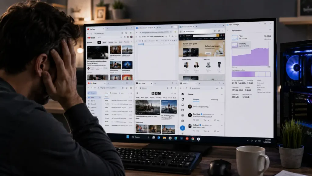 Frustrated user looking at a Windows 11 monitor with multiple browser windows open and Task Manager showing high memory usage.