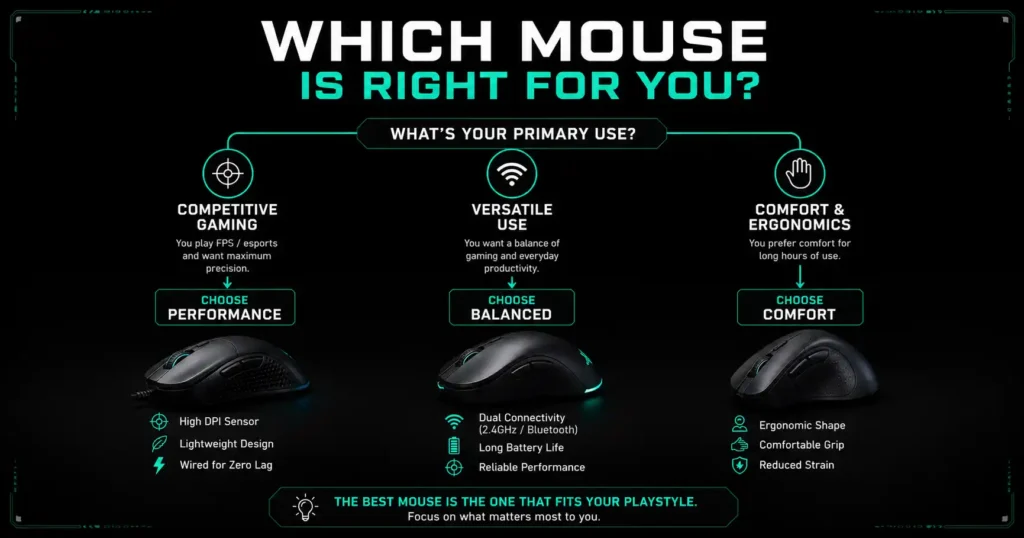Which Mouse Is Right for You infographic showing gaming mouse selection guide with three decision paths for different users