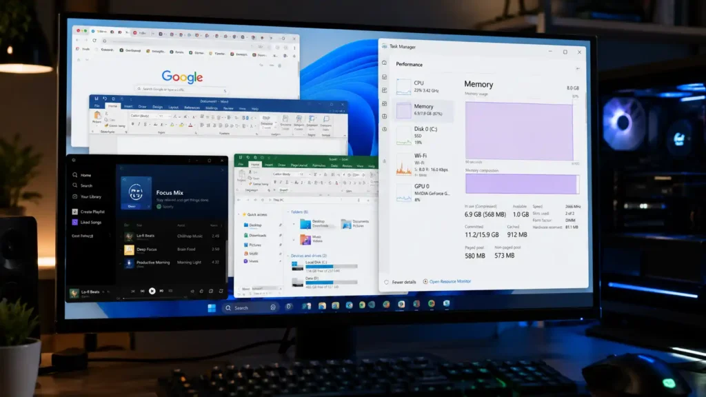 Windows 11 Task Manager Performance tab showing 87% RAM usage on an 8GB system while multiple applications are running.