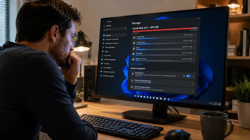 User checking Windows 11 Storage Settings with a nearly full C drive highlighted in red and Storage Sense enabled. - 10 Mistakes That Are Making Your PC Slow
