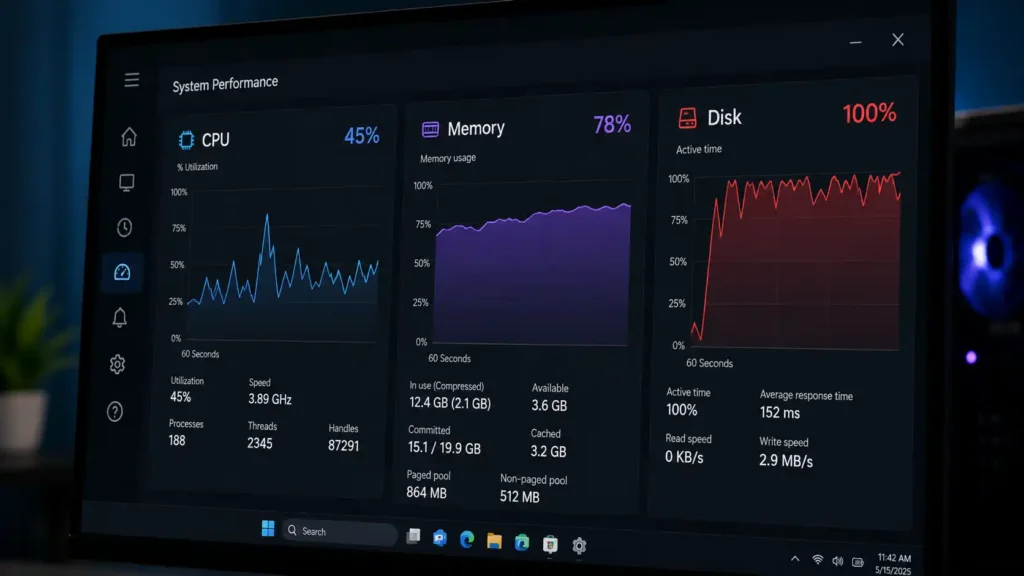 Windows 11 system performance dashboard displaying CPU, memory, and disk usage graphs with disk activity reaching 100 percent.