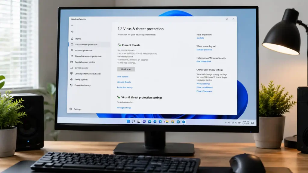 Windows Security Virus and Threat Protection screen showing a completed Quick Scan with no threats found on a Windows 11 PC.
