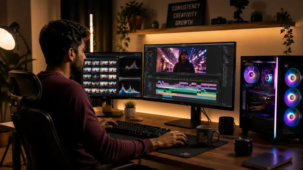 Content creator editing a video on a dual monitor desktop setup with a colorful editing timeline, RGB PC, and modern home office workspace. PC build for video editing under 60k