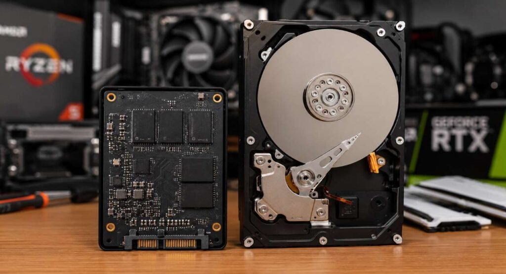 Open SSD and HDD side by side showing internal components on a desk for SSD vs HDD speed and storage comparison.