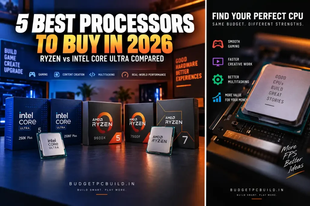 5 Best Processors to Buy in 2026: Ryzen vs Intel Core Ultra Compared 2 AMD Ryzen and Intel Core Ultra processor comparison showing the best CPUs for gaming and creative work in 2026